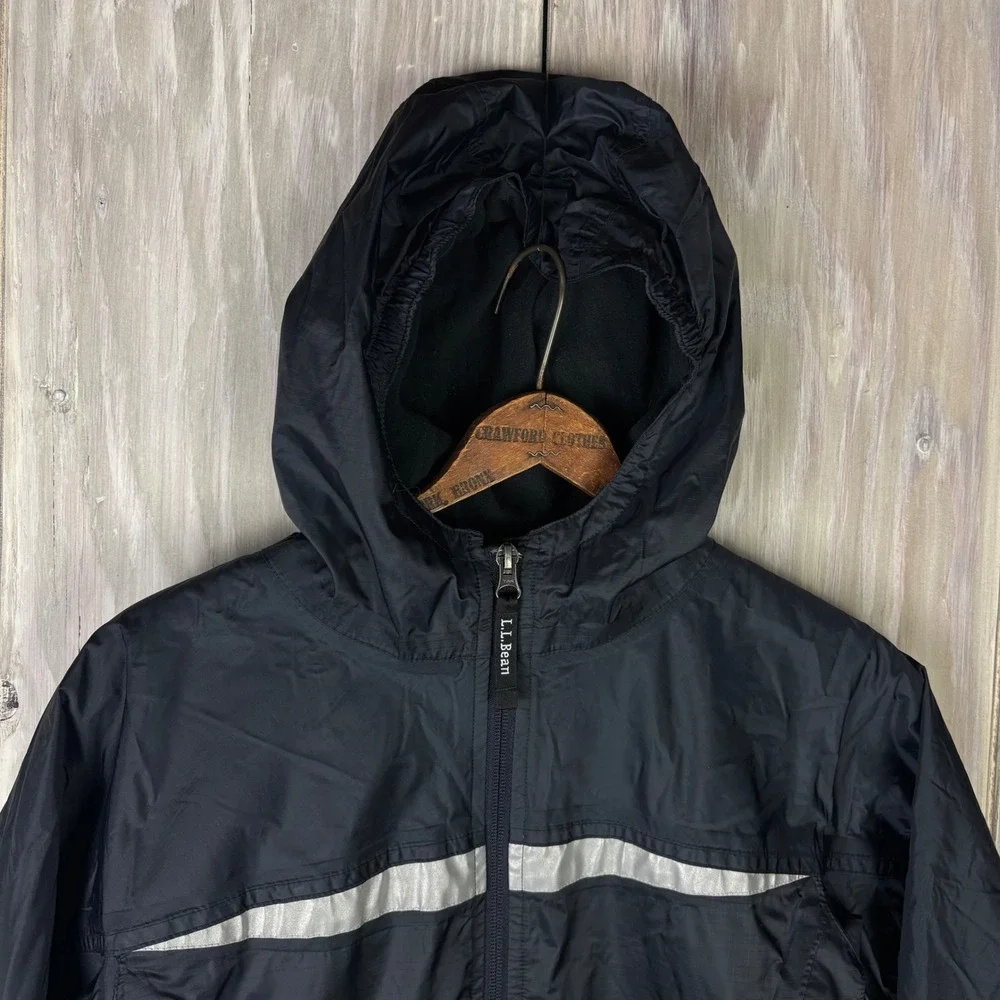 L.L. Bean Black Hooded Trail Model Jacket Reflective Stripe Kids M 10-12 #248055